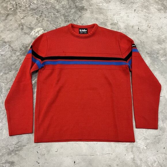 VTG Lido Sports Wool Knit Sweater Men's SZ Large Red Striped USA Made Retro READ